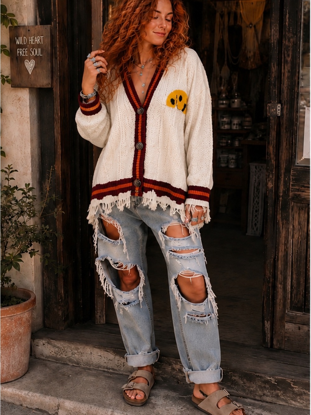 Rue21 Cream Cable-Knit Cardigan with Burgundy Trim and Yellow Patch NWOT